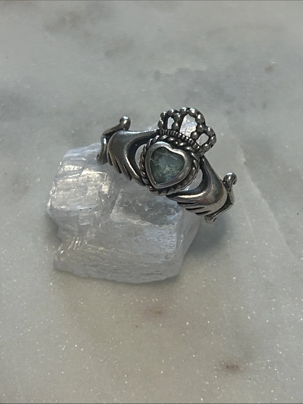 Sterling Silver Heart Crown Ring with Light Blue Aquamarine Stone
